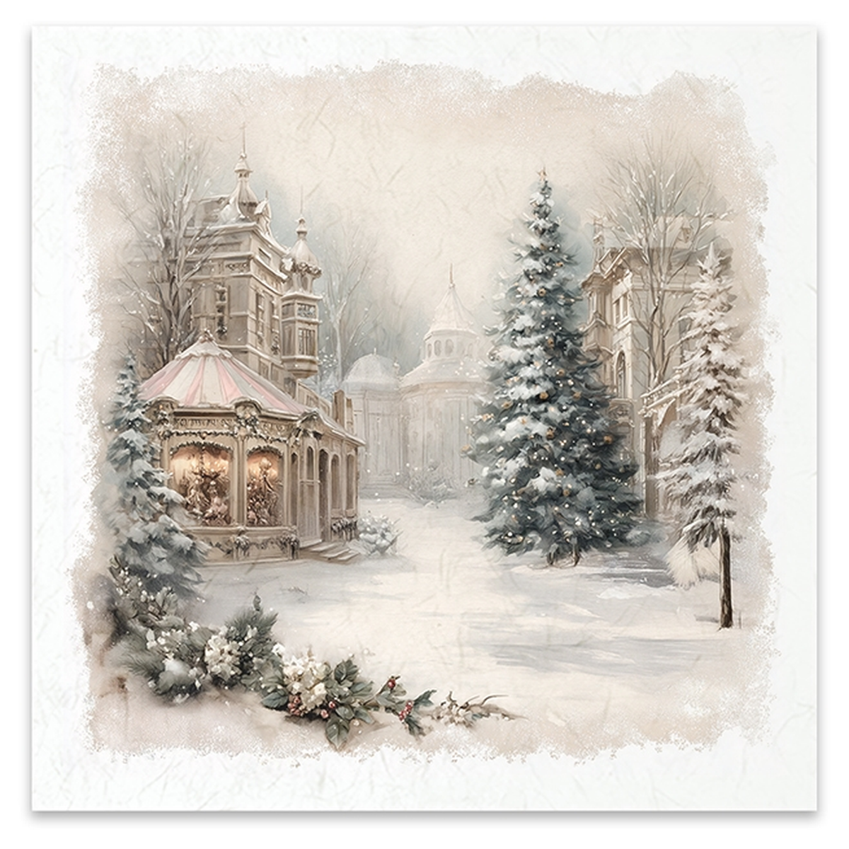 An illustration featuring a snowy scene in a victorian town with a snow covered road and buildings decorated for Christmas on either side, with snow covered evergreen trees.