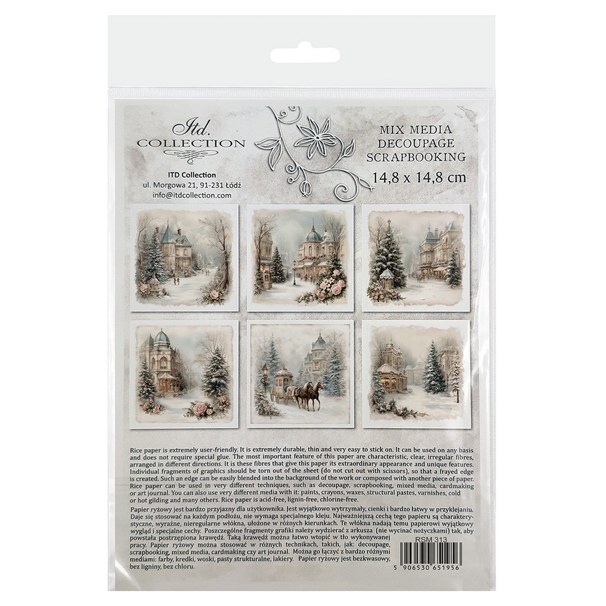 Victorian Snow Village Mini Rice Paper Set from ITD Collection. Back cover.