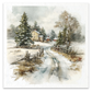 A watercolor-style winter landscape image showing a snowy path leading toward a small house, with evergreen trees, bare trees, rustic fences, and a soft cloudy sky.