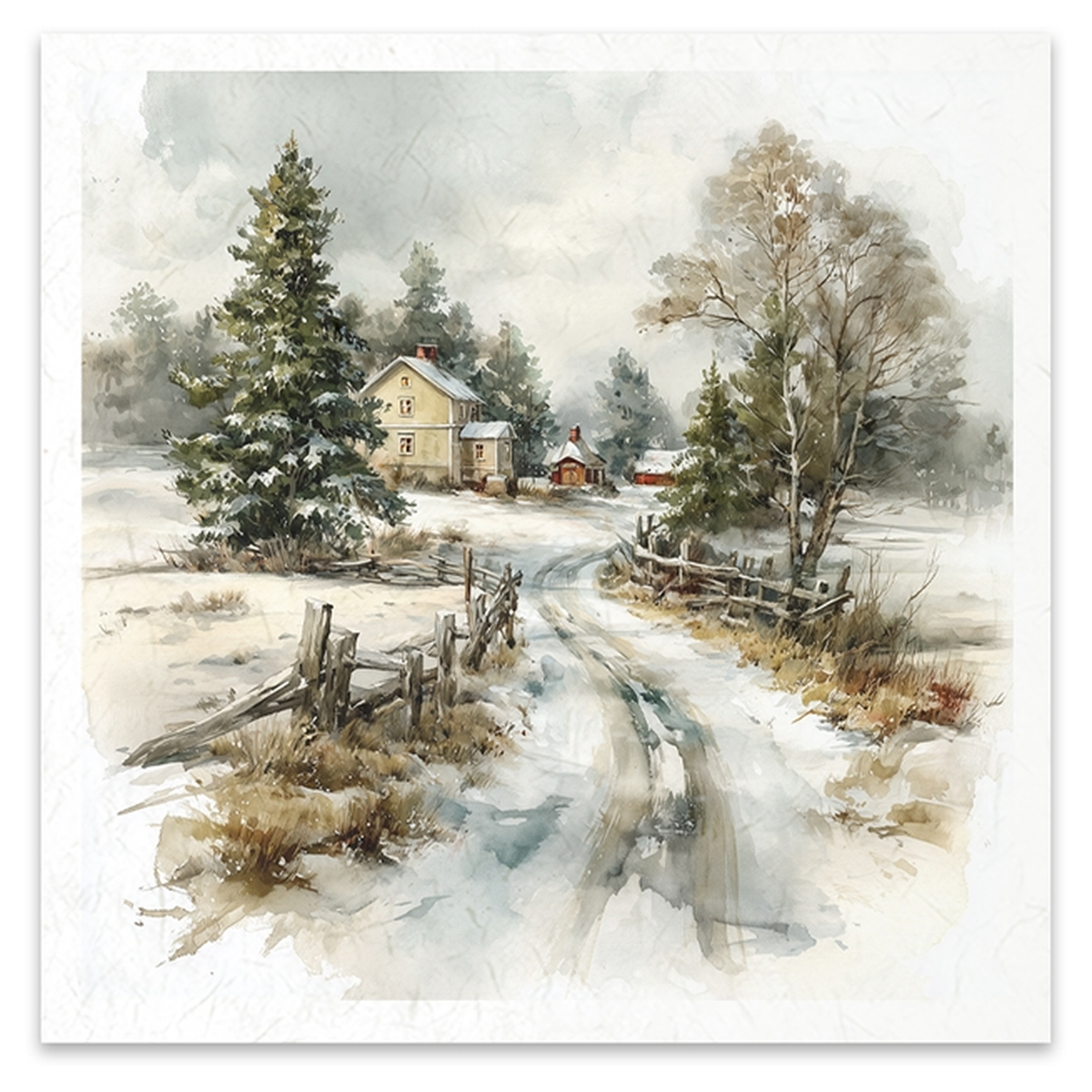 A watercolor-style winter landscape image showing a snowy path leading toward a small house, with evergreen trees, bare trees, rustic fences, and a soft cloudy sky.