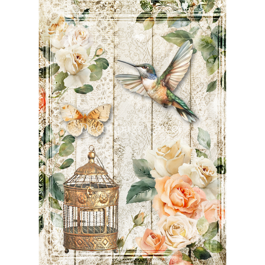 "Rose Garden Hummingbird" decoupage rice paper by Decoupage Queen. Available at Milton's Daughter.