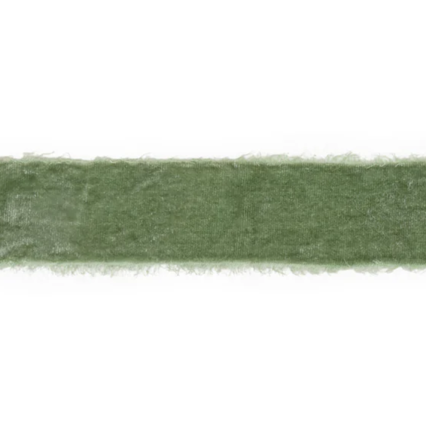 Green velvet ribbon with frayed edge on a white background