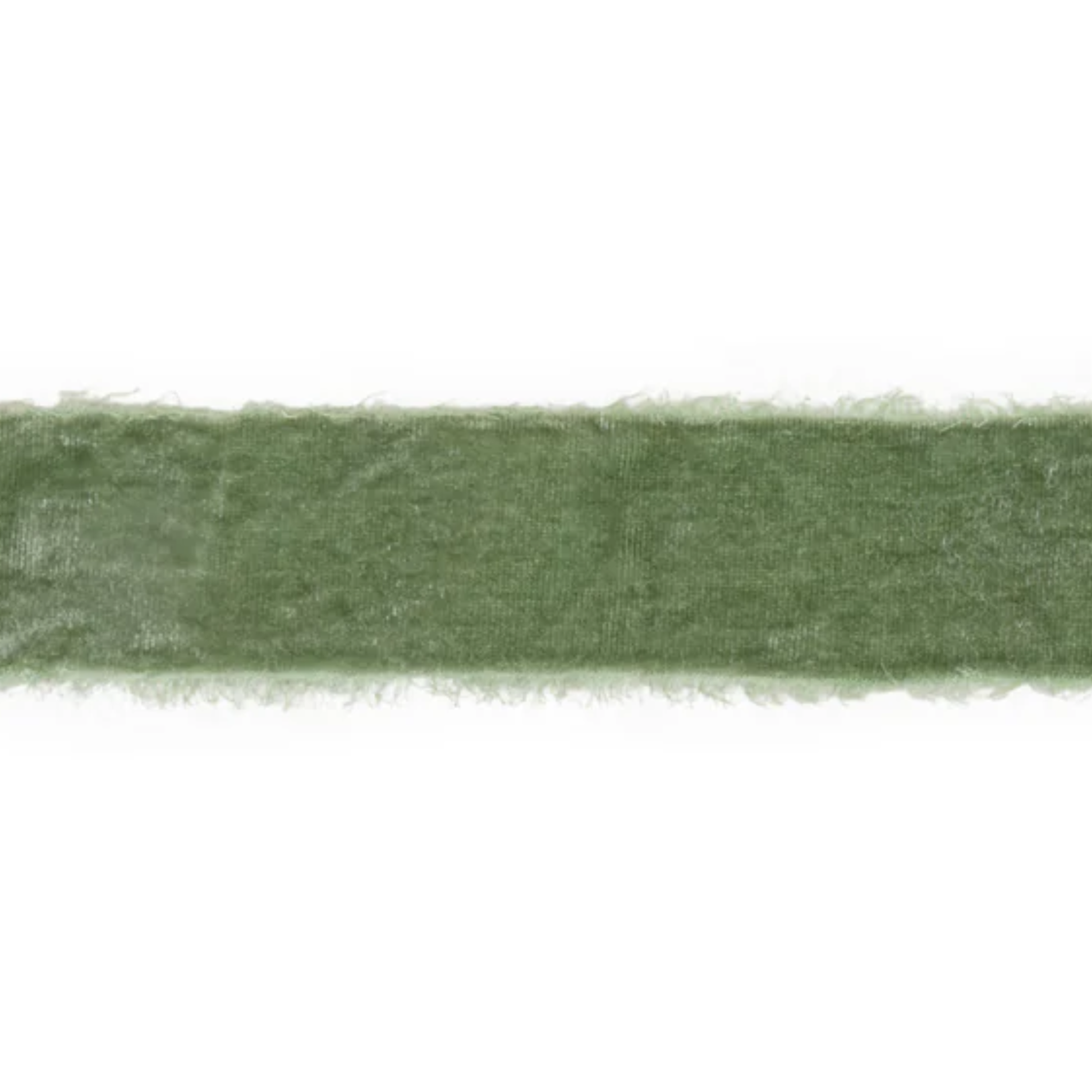 Green velvet ribbon with frayed edge on a white background
