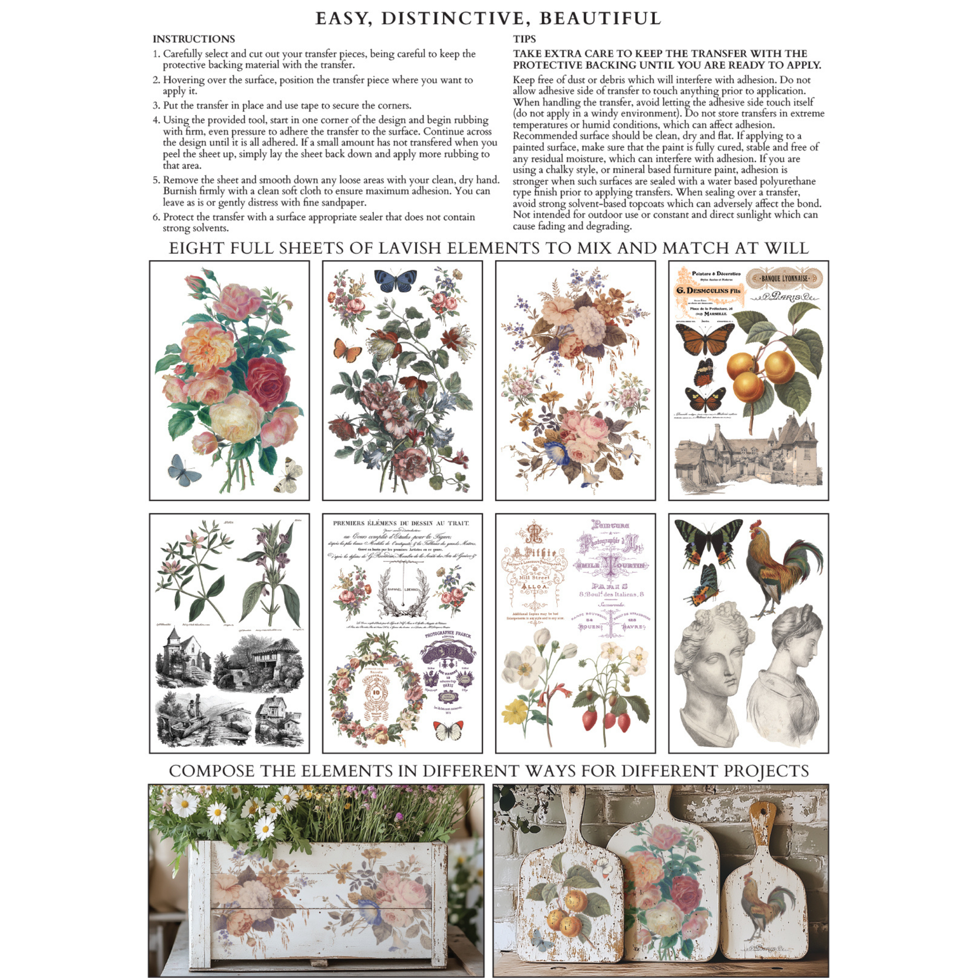 IOD Transfer Saint Ouen back cover packaging with images of sheets of florals, fruits, butterflies and statuary and instructional text.