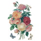 Vintage-style illustration of a bouquet of roses with butterflies on a white background