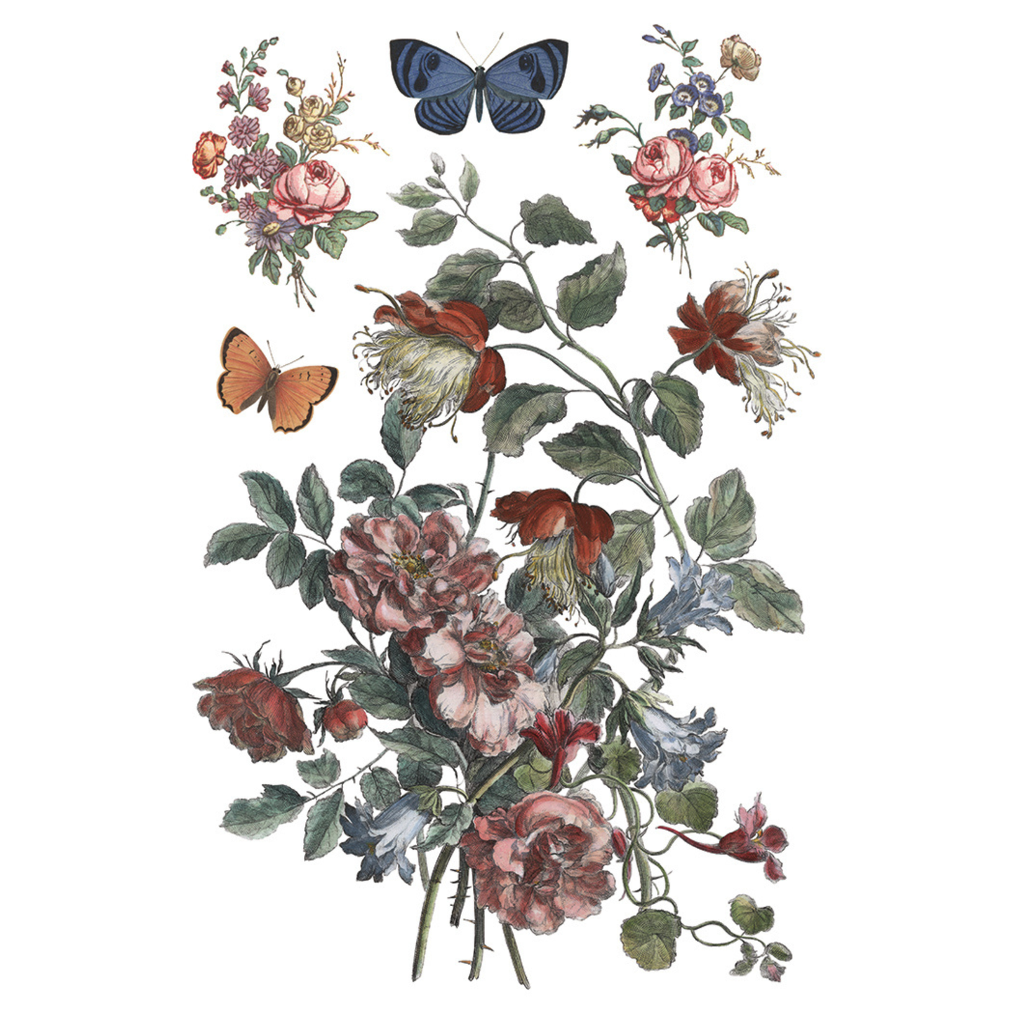 Vintage-style floral arrangement with butterflies on a white background