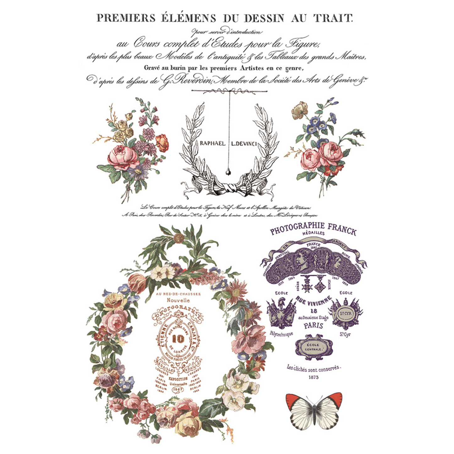 Decorative sheet with floral elements, text, and a butterfly on a white background