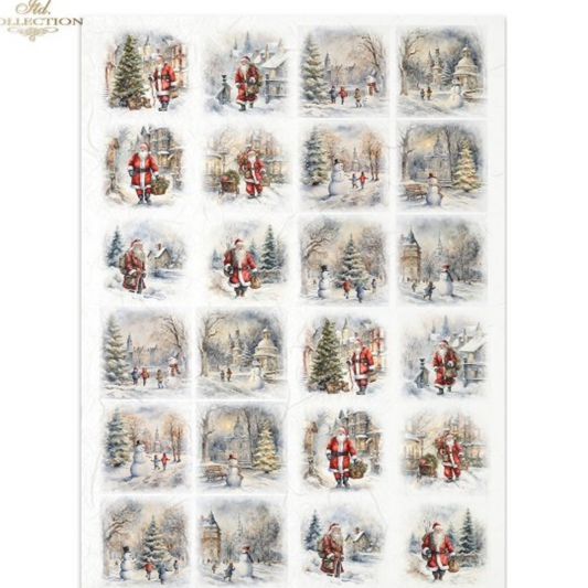 "Santa & Snowmen Minis" decoupage rice paper by ITD Collection. Available at Milton's Daughter. Sheet of Christmas-themed thumbnails with Santa Claus and winter scenes.