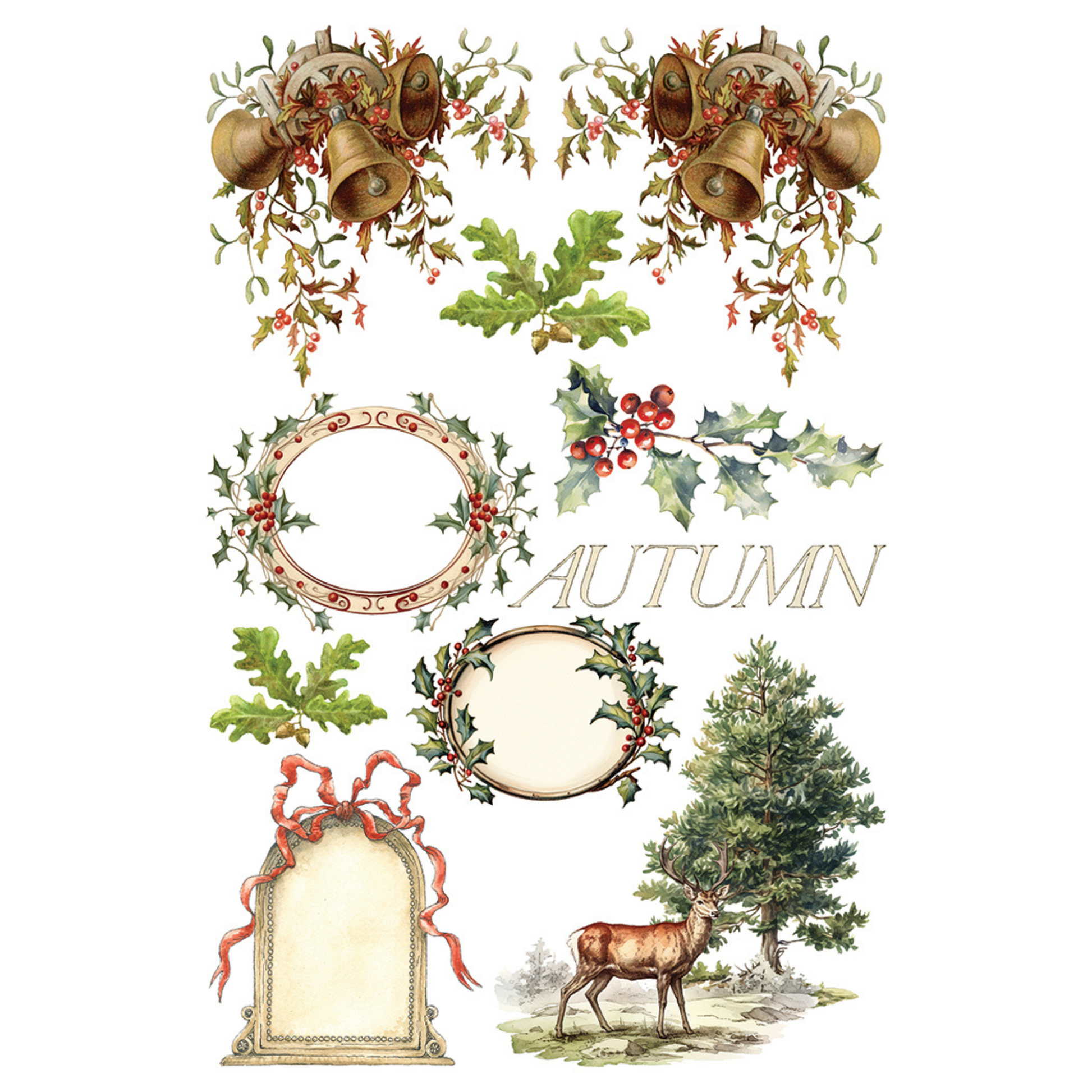 "Santa's Hollow" IOD Transfer by Iron Orchid Designs. Pg 4 of 8.  Available at Milton's Daughter. Autumn-themed design elements including wreaths, leaves, and a deer with decorative text.