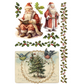"Santa's Hollow" IOD Transfer by Iron Orchid Designs. Pg 7 of 8.  Available at Milton's Daughter. Set of Christmas-themed illustrations including Santa Claus, holly leaves, and a Christmas card with birds and a tree.