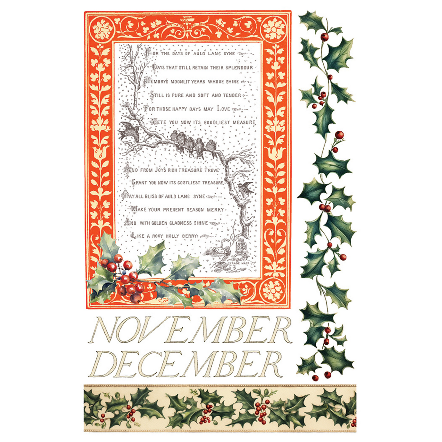 "Santa's Hollow" IOD Transfer by Iron Orchid Designs. Pg 8 of 8.  Available at Milton's Daughter. Decorative page with holly leaves and berries, text, and 'November December' text.