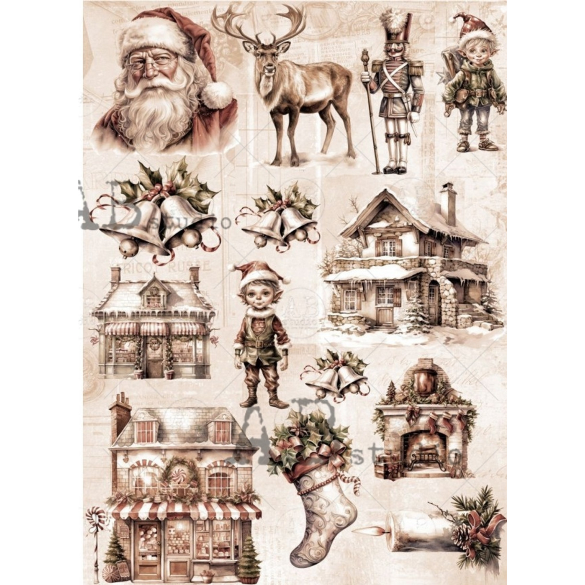 "Sepia Elves and Holiday Stores" decoupage rice paper by AB Studio. Available at Milton's Daughter.