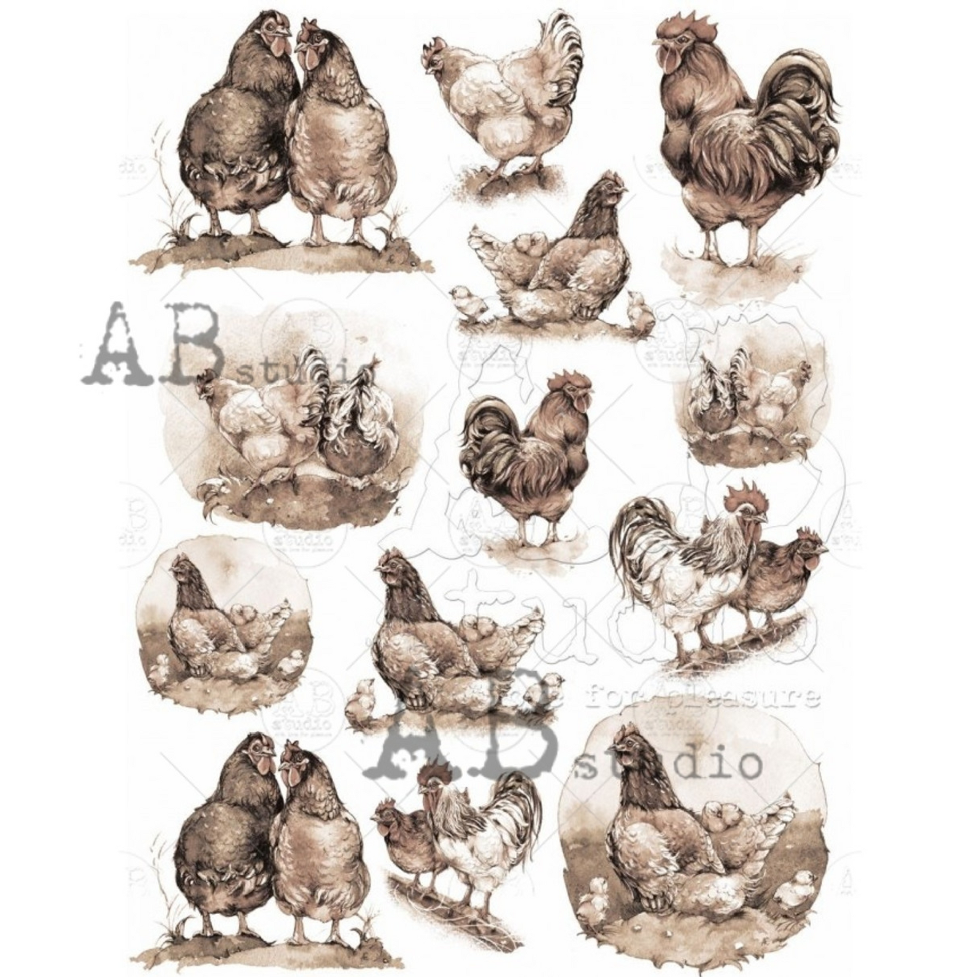 "Sepia Hens and Roosters" decoupage rice paper by AB Studio. Size A4 available at Milton's  Daughter.
