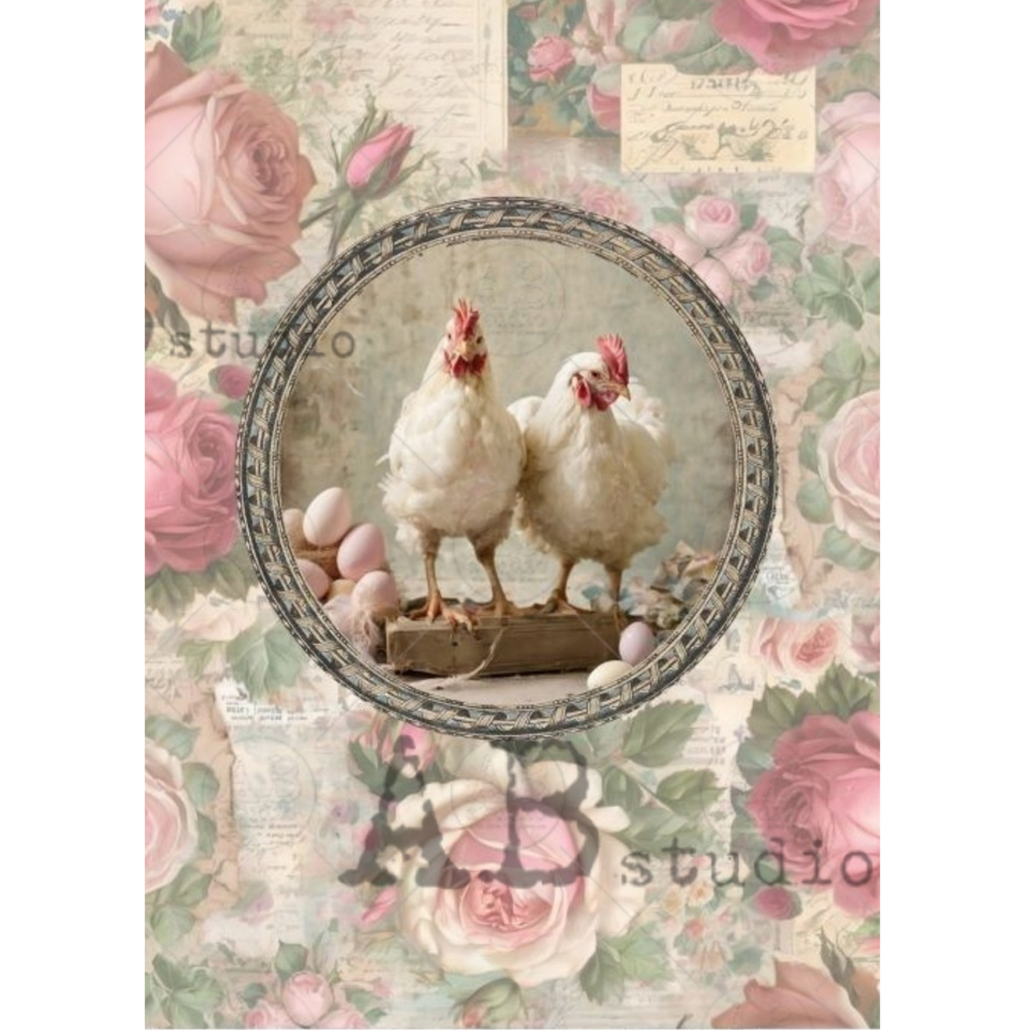 "Shabby Chic Easter Hens" decoupage rice paper by AB Studio. Available at Milton's Daughter.