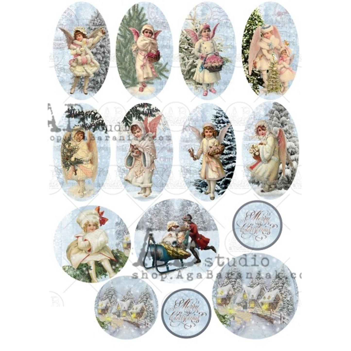"Shabyby Winter Angel Ovals" decoupage rice paper by AB Studio. Size A4 available at Milton's Daughter.