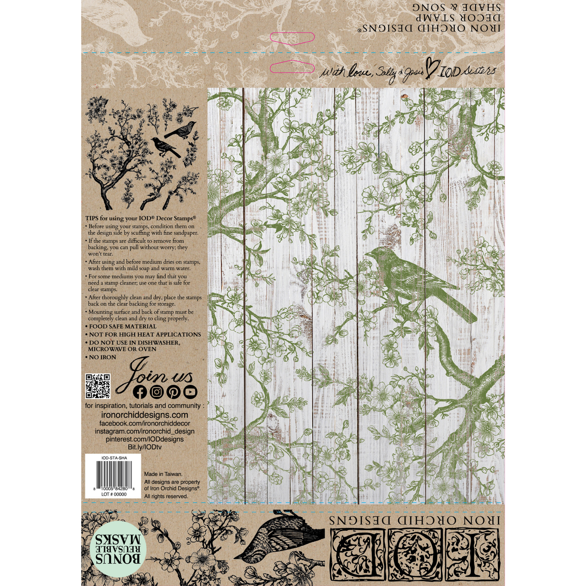 "Shade & Song" IOD Decor Stamp by Iron Orchid Designs. Available at Milton's Daughter. Single sheet clear stamp. Packaging/back cover photo.