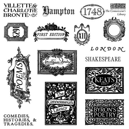 Collection of various vintage style labels and bookplates with frames on a white background.