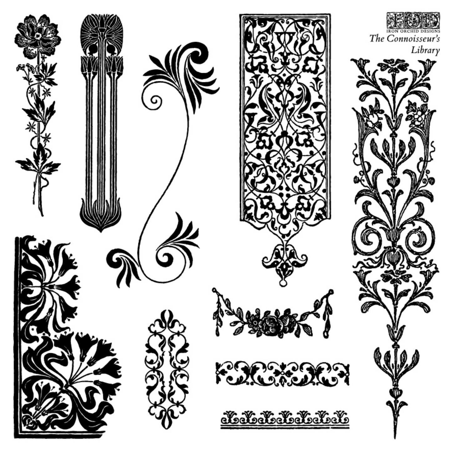 Collection of decorative flourishes, book plates and ornaments on a white background