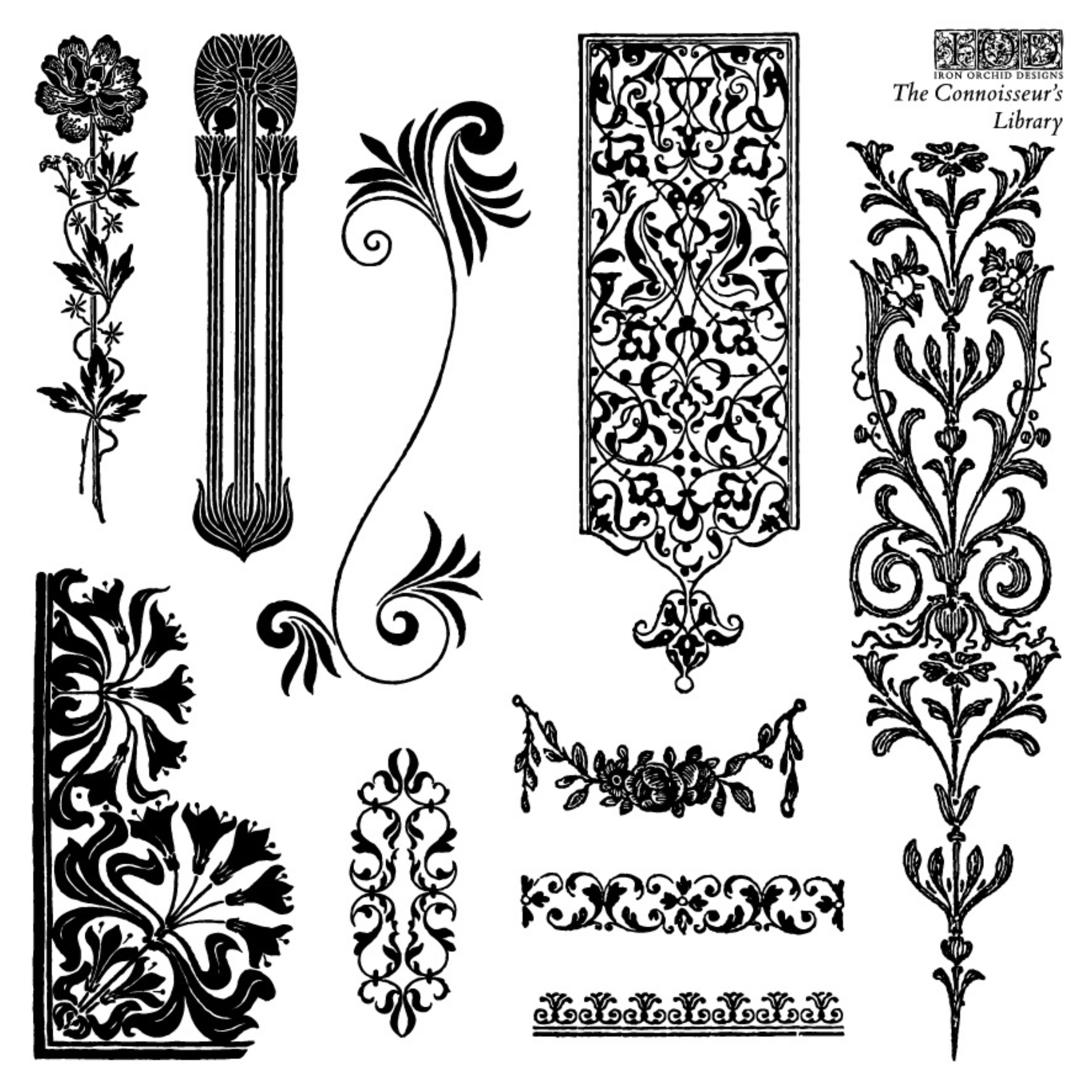 Collection of decorative flourishes, book plates and ornaments on a white background