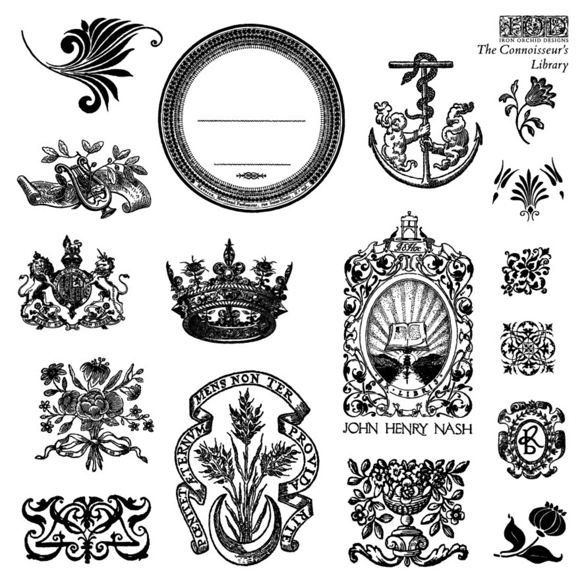 Collection of vintage-style decorative elements including a mirror, anchor, and various floral and emblem designs.