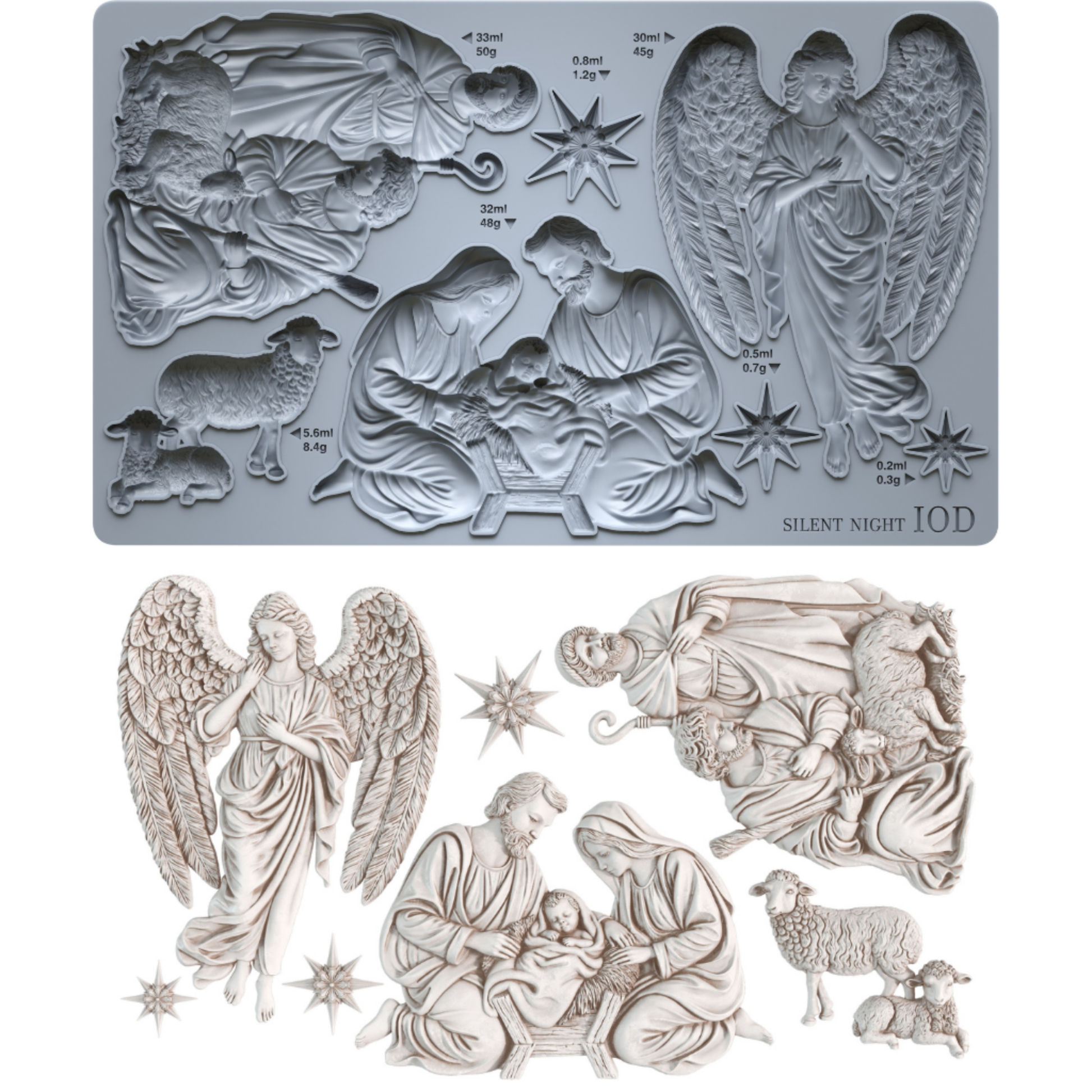 IOD Mould SIlent Night, featuring detailed Christmas nativity and angel designs, shown both in its gray silicone form and as the finished light beige castings.