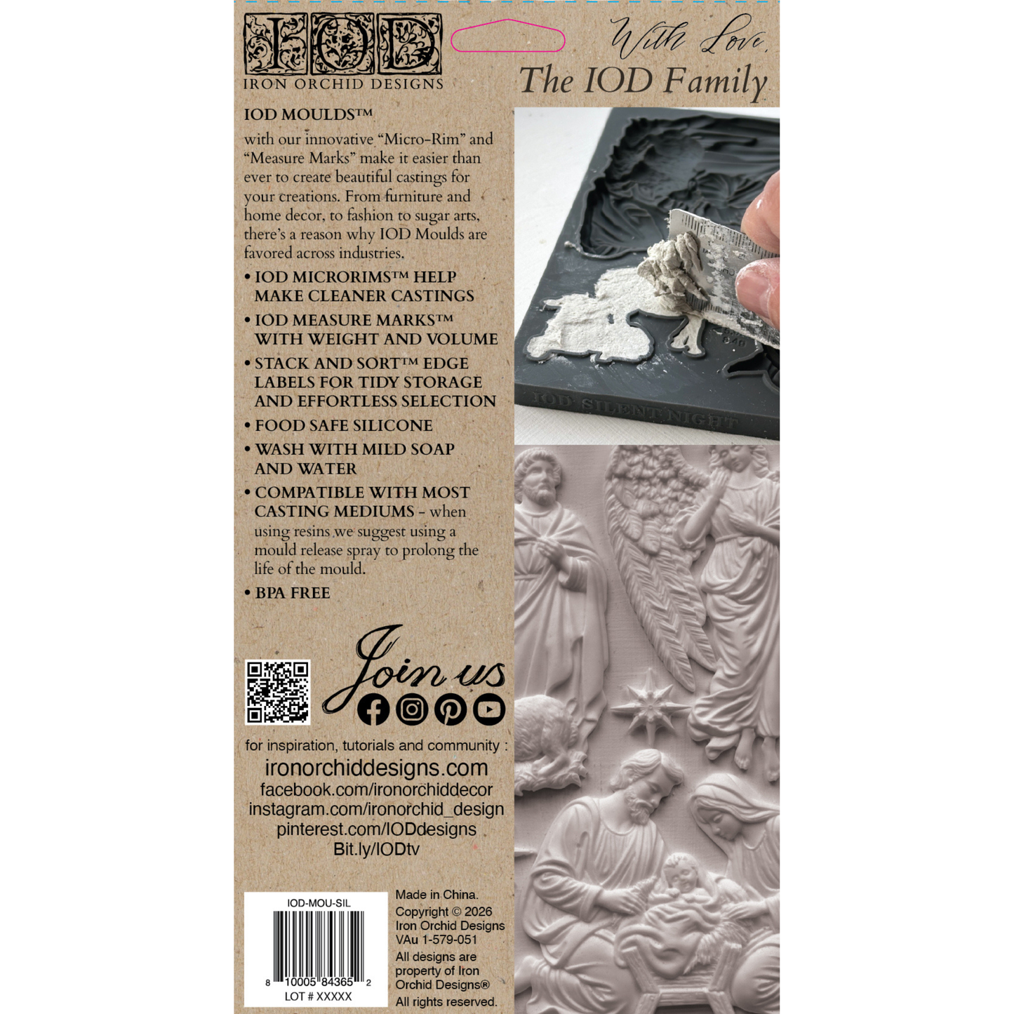 Back cover of IOD Mold Silent Night,  featuring product information, a barcode, and a photo of a hand pressing clay into a silicone mold.