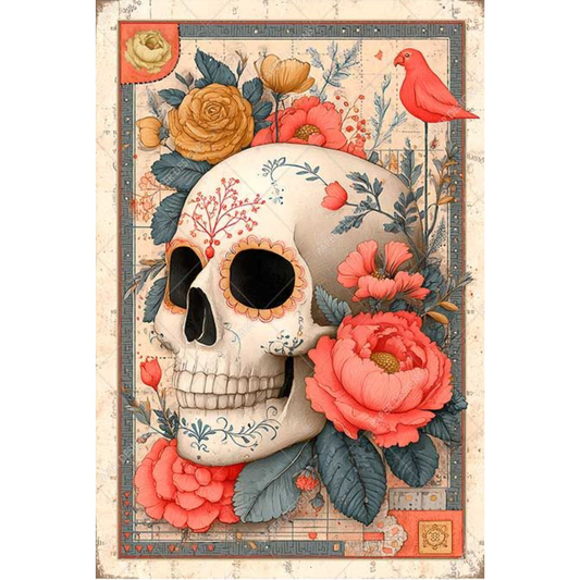 Decorative left facing skull with floral and bird design on a textured background.