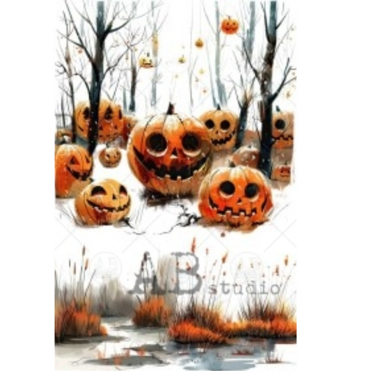 "Snowy Jack O'Lanterns"  decoupage rice paper by AB Studio. Available at Milton's Daughter.