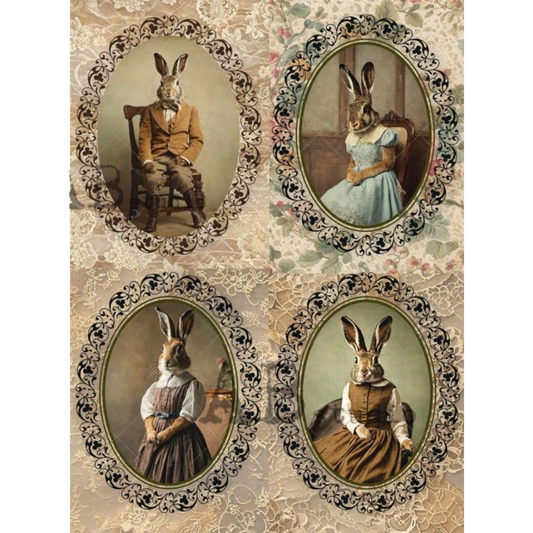 "Sophisticated Bunny Portraits" decoupage rice paper by AB Studio. Available at Milton's Daughter.