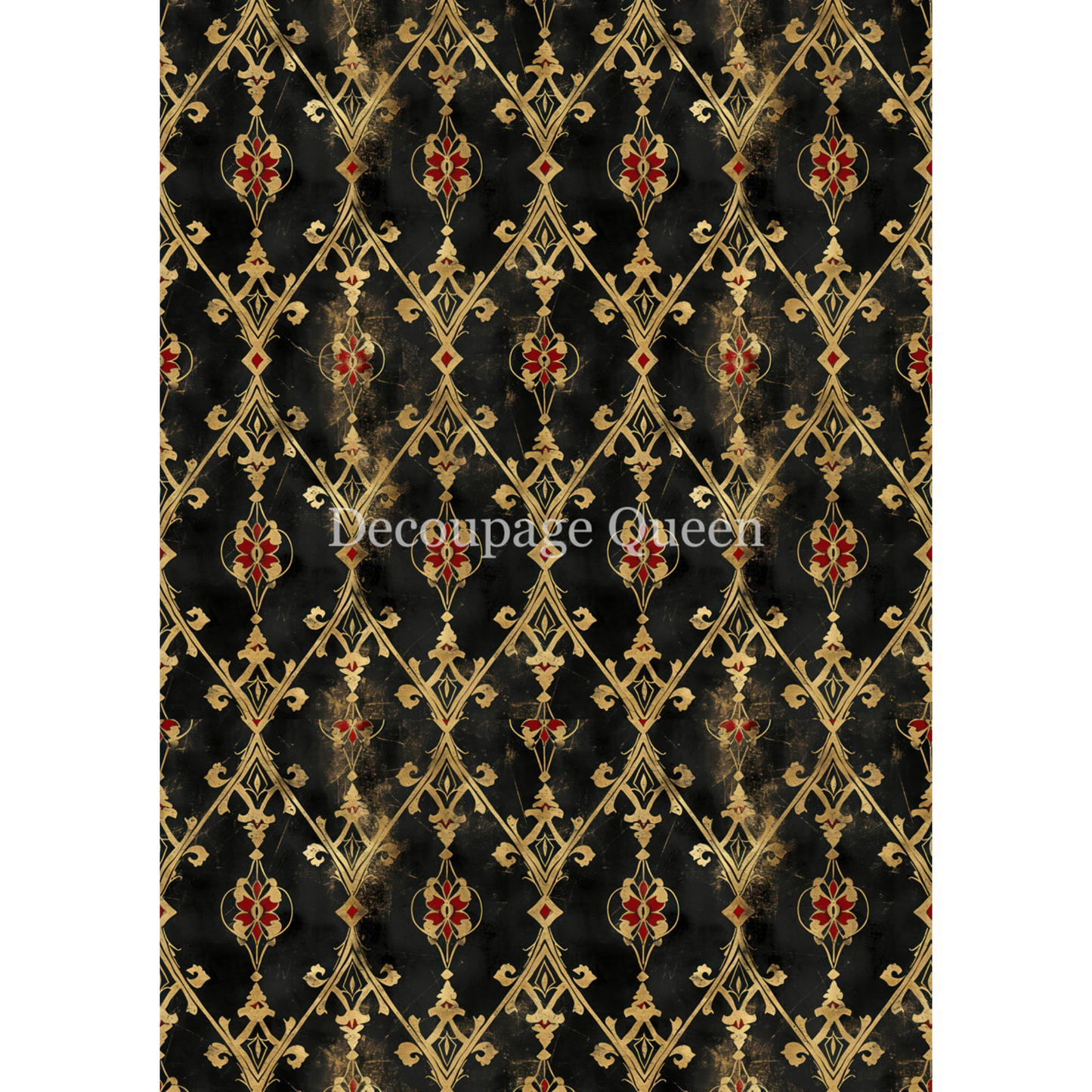 "Spellbinder" decoupage rice paper by Decoupage Queen. Available at Milton's Daughter. Decorative paper with intricate gold and red pattern on a black background.