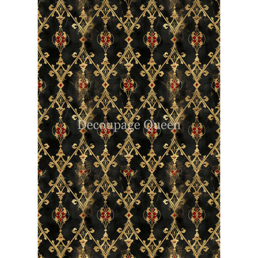 "Spellbinder" decoupage rice paper by Decoupage Queen. Available at Milton's Daughter. Decorative paper with intricate gold and red pattern on a black background.