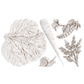 Decorative casting elements including leaves, a snail, and branches on a white background