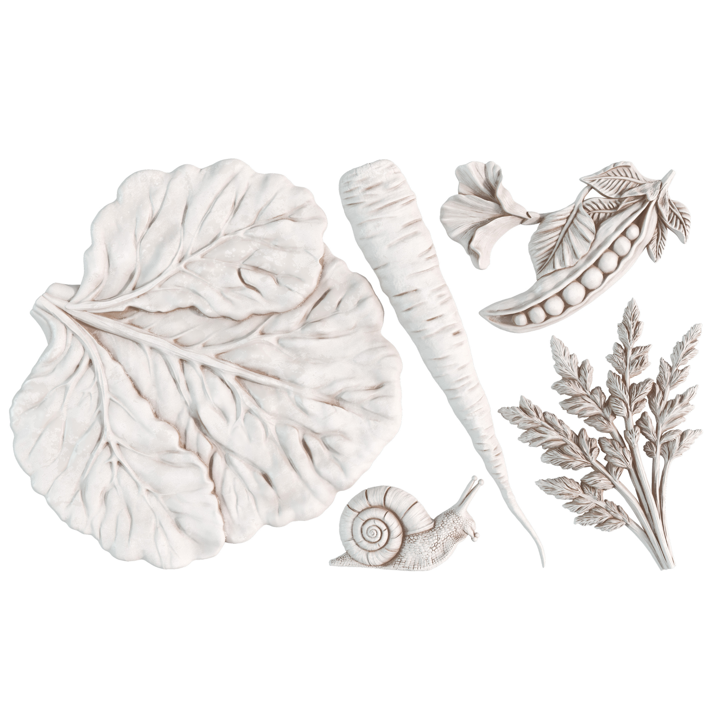Decorative casting elements including leaves, a snail, and branches on a white background