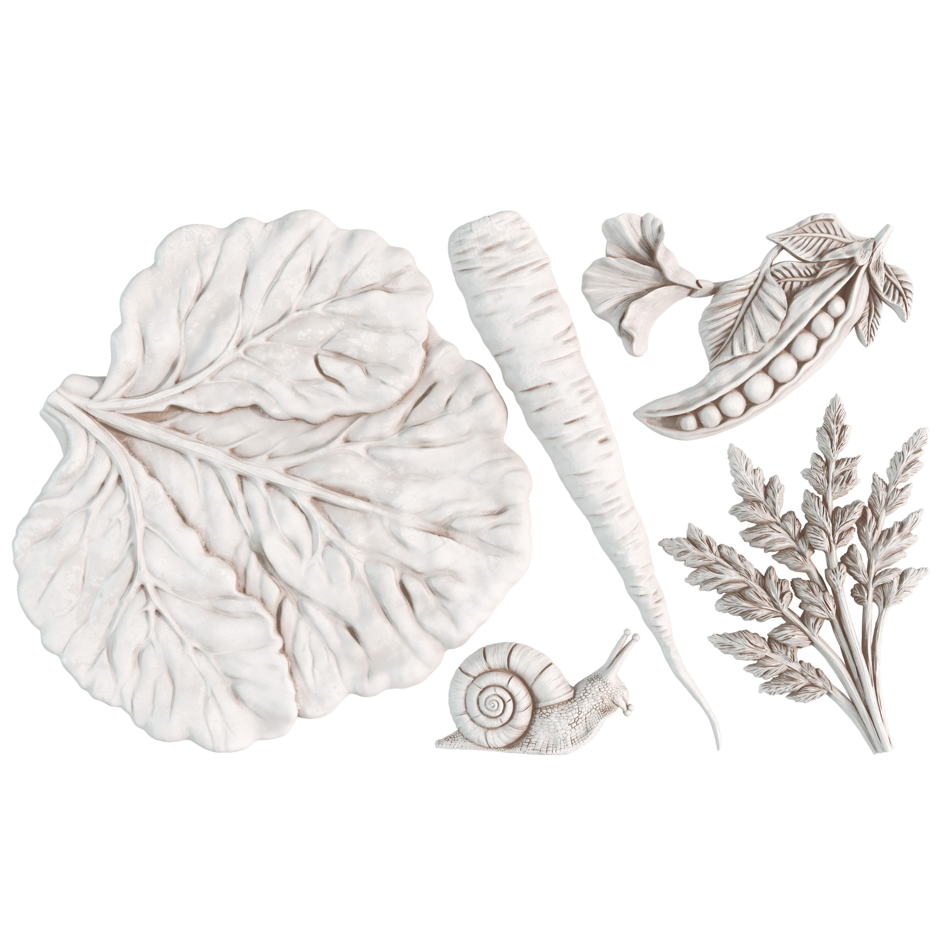 Decorative casting elements including leaves, a snail, and branches on a white background