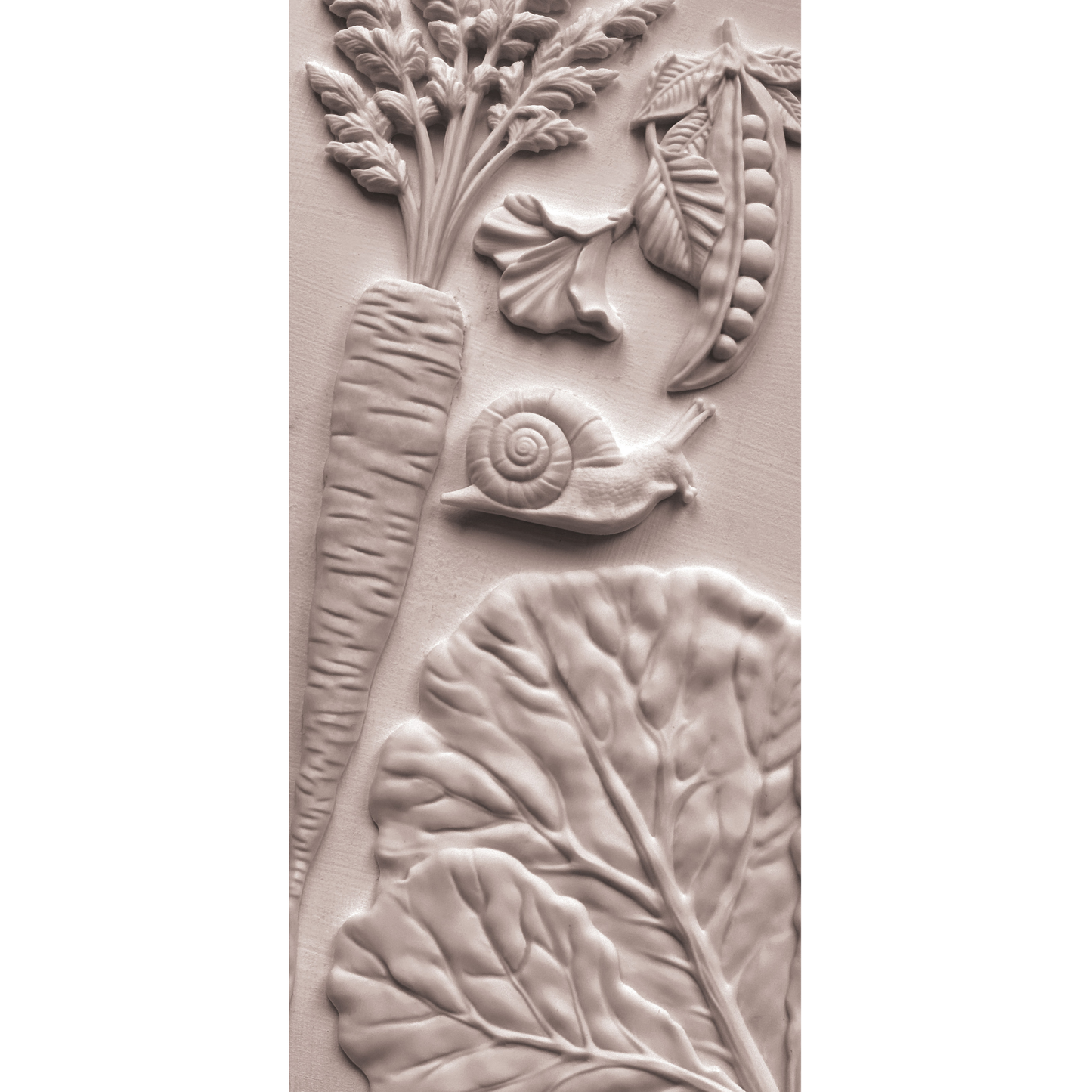 Decorative tile with castings of leaves, a snail, and other natural elements on a beige background.