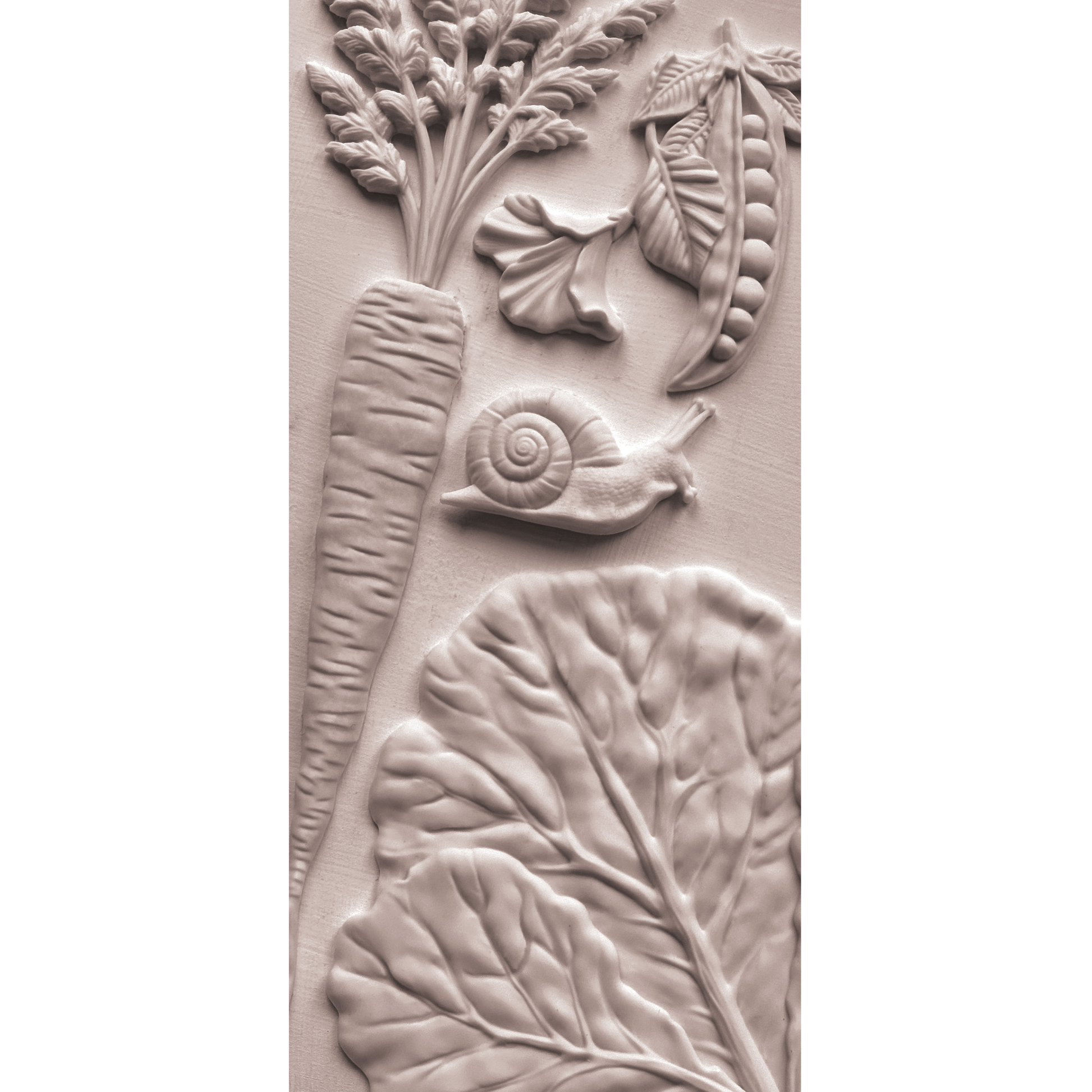 Decorative tile with castings of leaves, a snail, and other natural elements on a beige background.