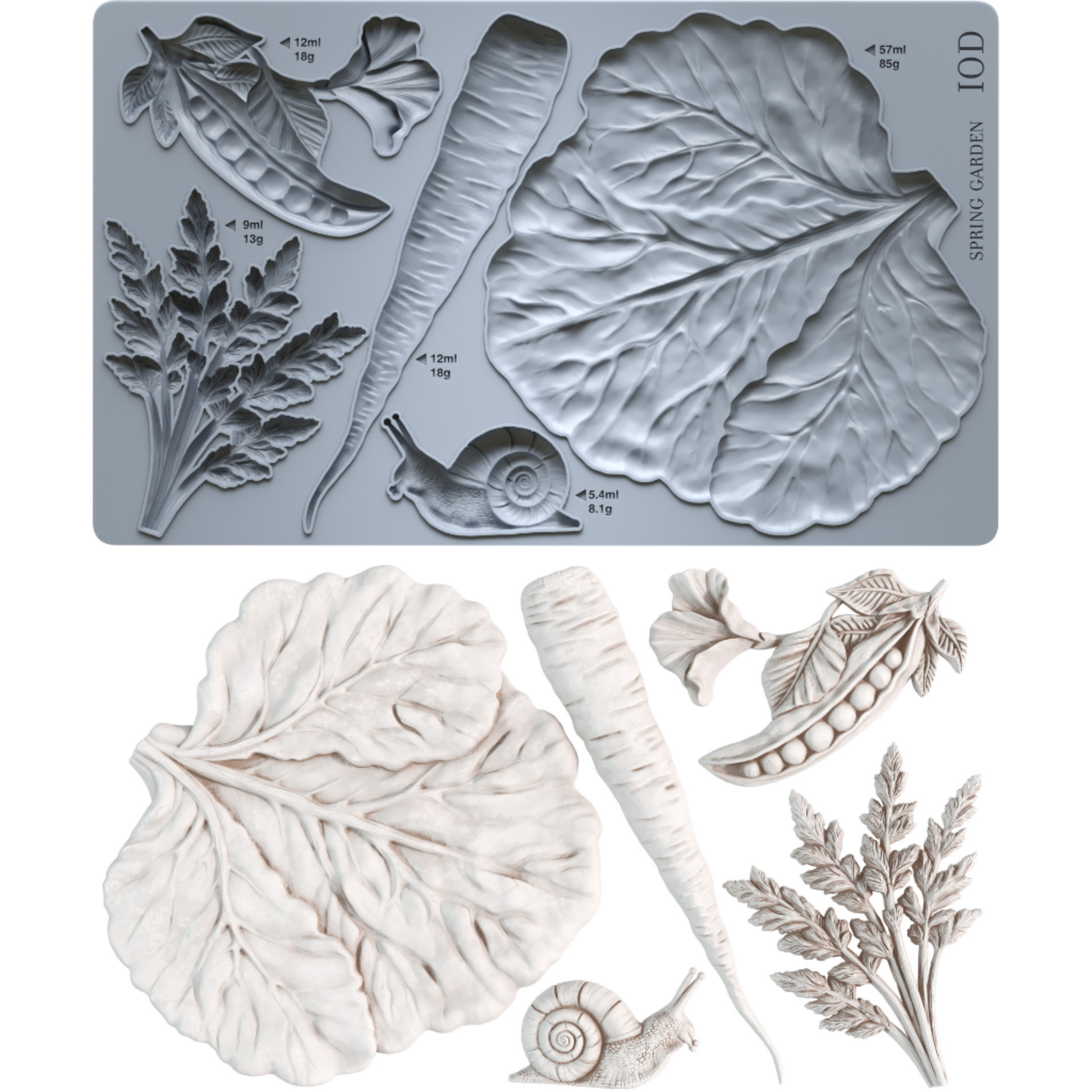Silicone mold with leaf and vegetable shapes on a gray background with casting examples in white clay.