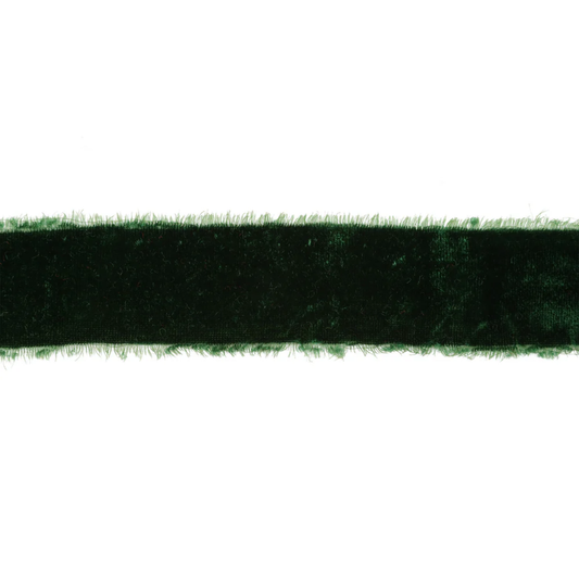 Dark green ribbon with frayed edge on white background.