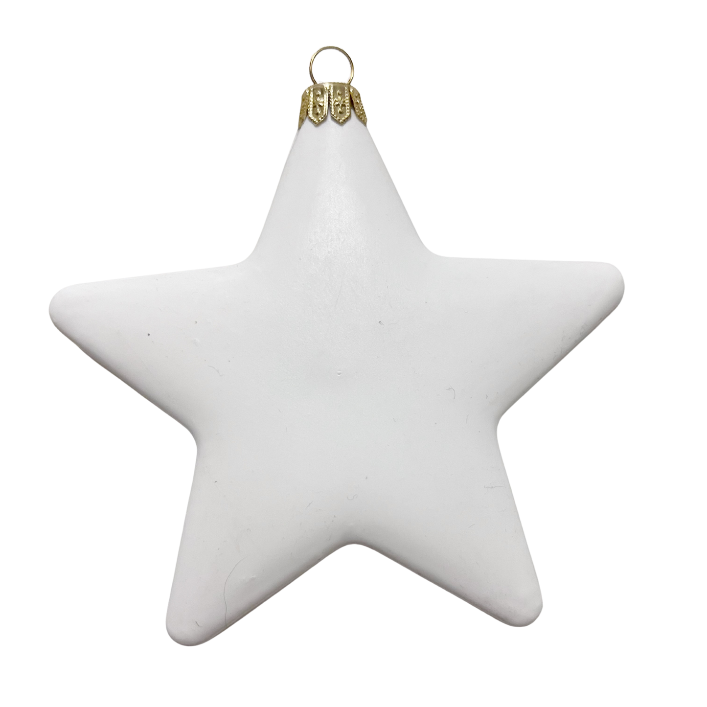 White star-shaped ornament with a gold hook on a white background