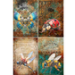 Four decorative panels featuring steampunk-style insects on vintage-style backgrounds.