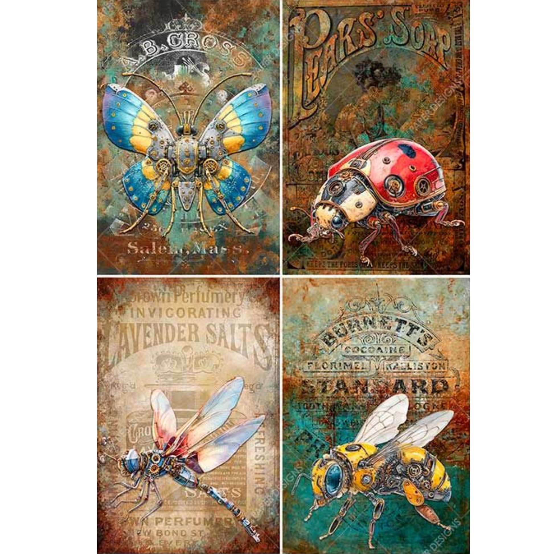 Four decorative panels featuring steampunk-style insects on vintage-style backgrounds.