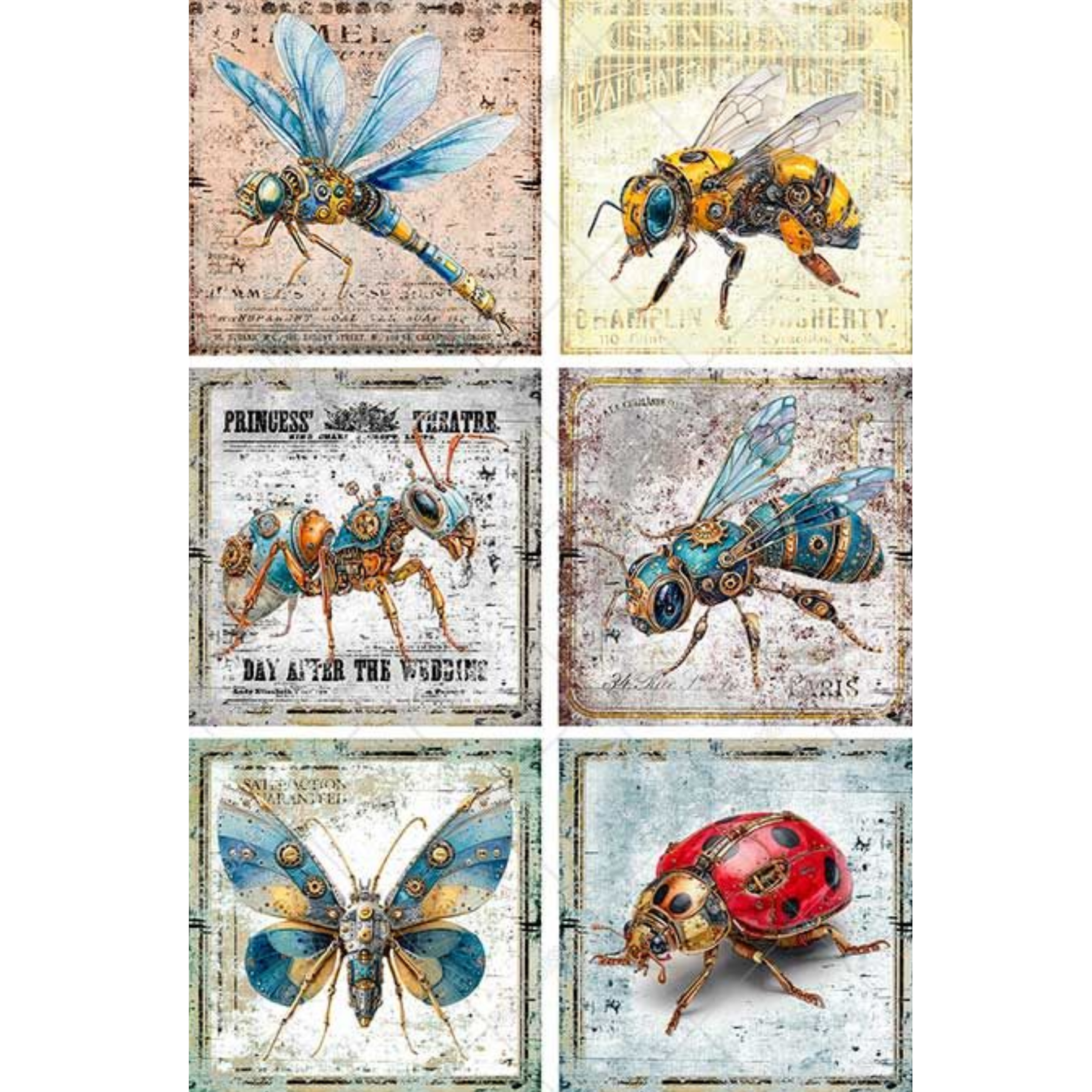 Set of six vintage-style steampunk insect posters with detailed illustrations on a white background.