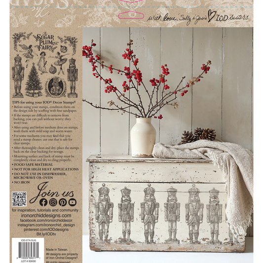 "Sugar Plum" IOD stamp by Iron Orchid Designs. SIngle sheet. Available at Milton's Daughter. Back cover. Vintage-style illustrations of a sugar plum fairy, nutcrackers, Christmas tree, and other holiday elements.