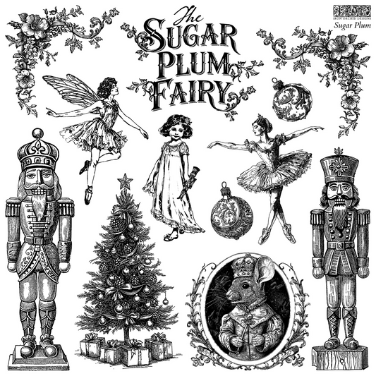 "Sugar Plum" IOD stamp by Iron Orchid Designs. SIngle sheet. Available at Milton's Daughter. Vintage-style illustrations of a sugar plum fairy, nutcrackers, Christmas tree, and other holiday elements.