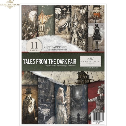 Front cover from "Tales From The Dark Fair" rice paper decoupage set by ITD Collection, showing a collage of vintage fair and gothic illustrations on the front cover.