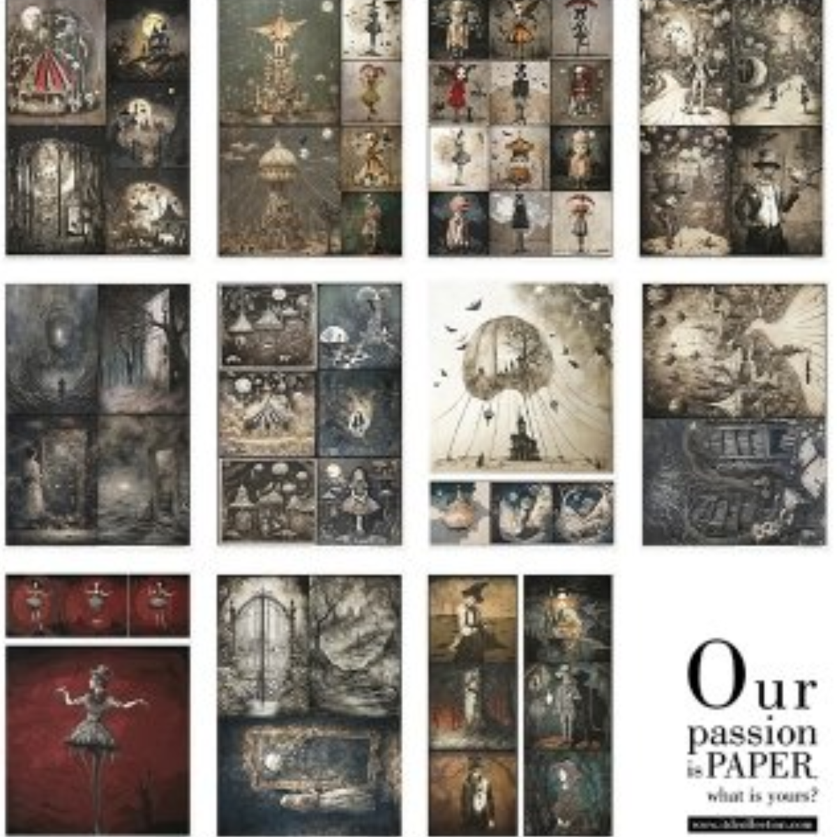 Back cover detail from "Tales From The Dark Fair" rice paper decoupage set by ITD Collection, showing a collage of vintage fair and gothic illustrations.