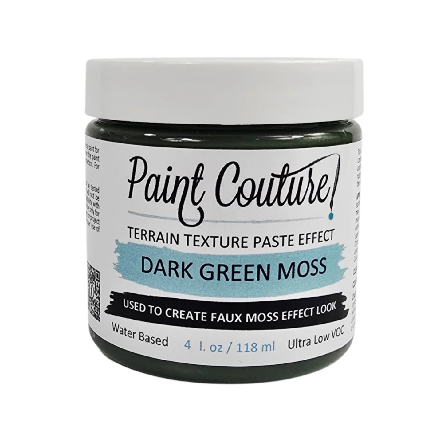 Jar of Paint Couture Dark Green Moss texture paste effect on a white background