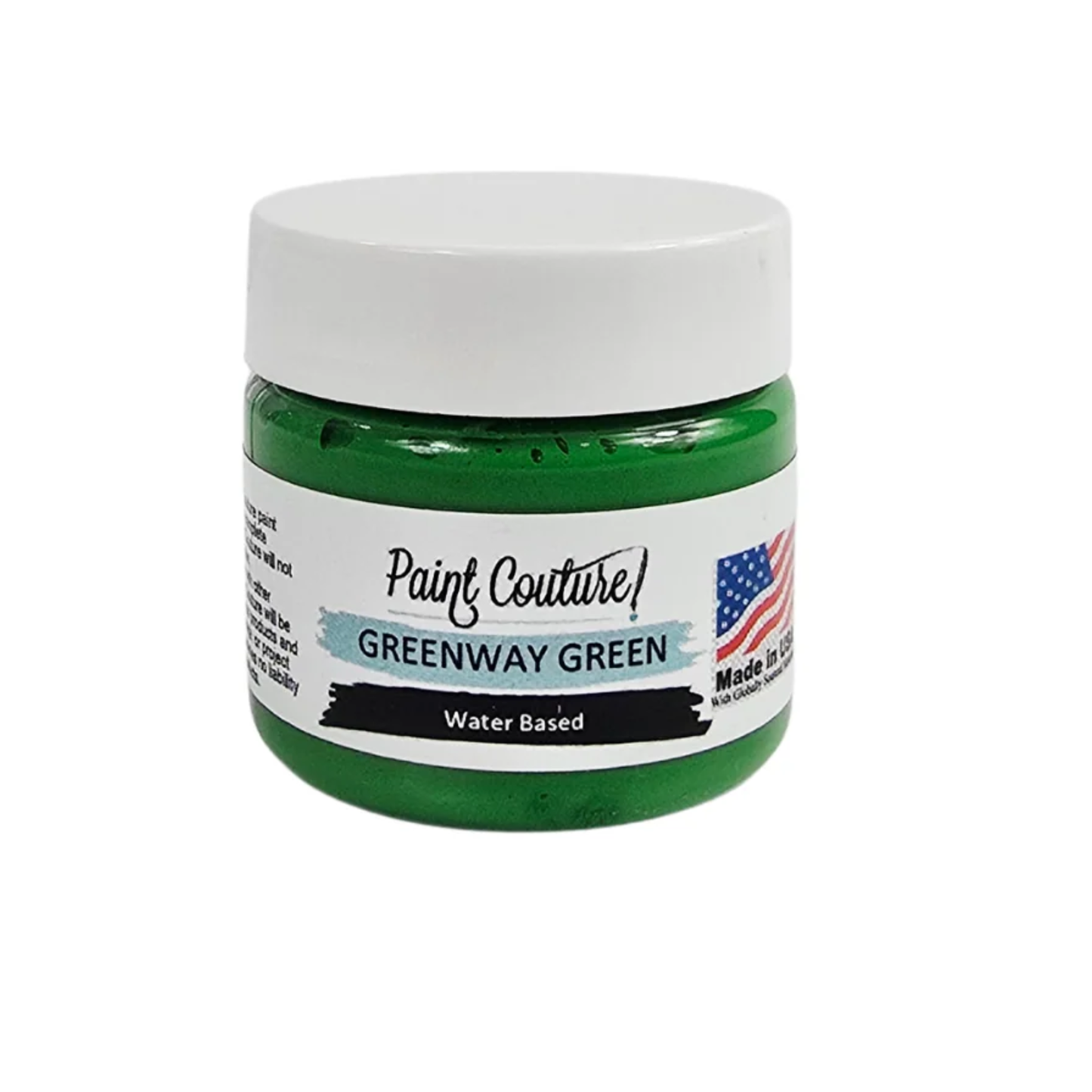 Green paint jar labeled 'Greenway Green' by Paint Couture on a white background