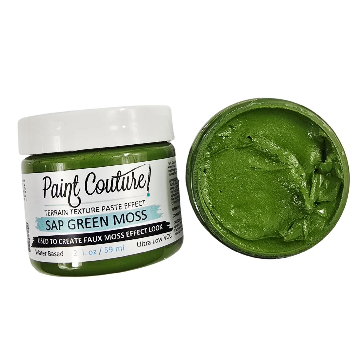 Jar of Paint Couture Sap Green Moss texture paste with a close-up of the green paste on a white background.