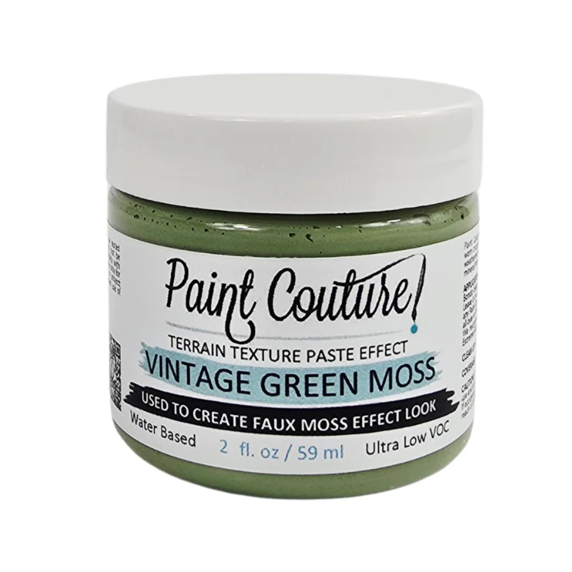 Jar of Paint Couture Vintage Green Moss texture paste on a white background